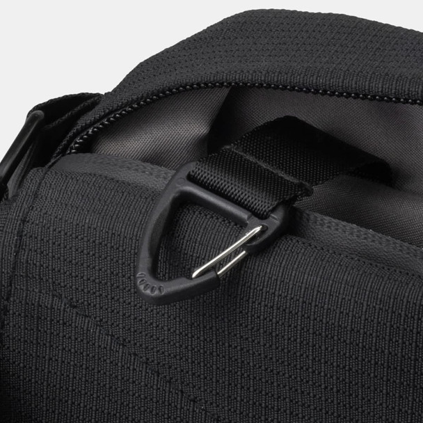 A close-up of a black sling bag featuring a sturdy zip and metal clip for attachment. A close-up of a black sling bag featuring a sturdy zip and metal clip for attachment.