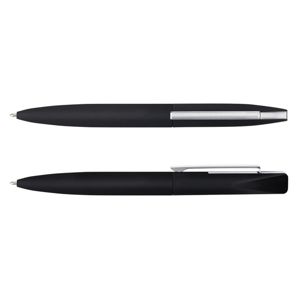 A sleek black metal pen with a chrome clip and detailing, featuring a minimalist design and a logo. A sleek black metal pen with a chrome clip and detailing, featuring a minimalist design and a logo.