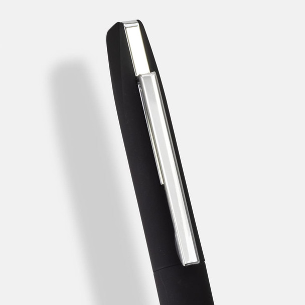 A black metal pen with a silver clip, featuring a sleek design and a logo on the body. A black metal pen with a silver clip, featuring a sleek design and a logo on the body.