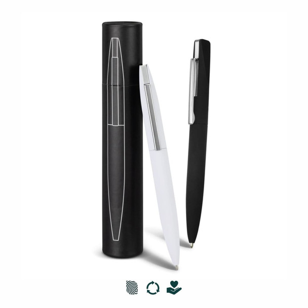 A metal pen set in black and white, with a sleek design, displayed alongside a matching cylindrical case. A metal pen set in black and white, with a sleek design, displayed alongside a matching cylindrical case.