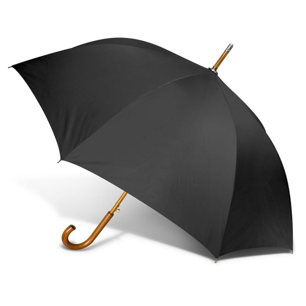 A black umbrella with a wooden handle, featuring a curved hook design and a sleek canopy.