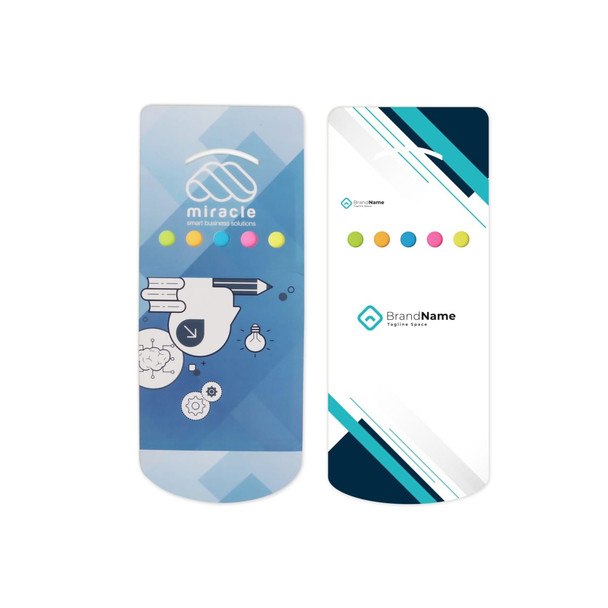 A pocket sticky note pad featuring a blue design with colourful sticky notes and a logo.  A pocket sticky note pad featuring a blue design with colourful sticky notes and a logo.
