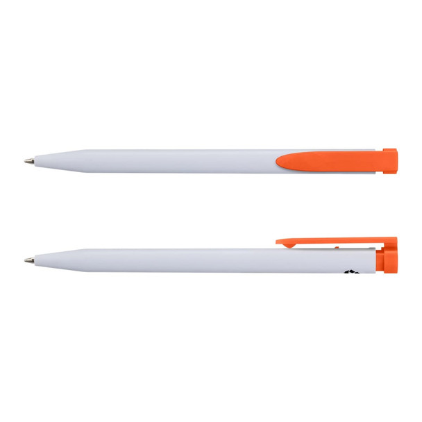 A recycled plastic pen in white with orange accents, featuring a logo on the side.
