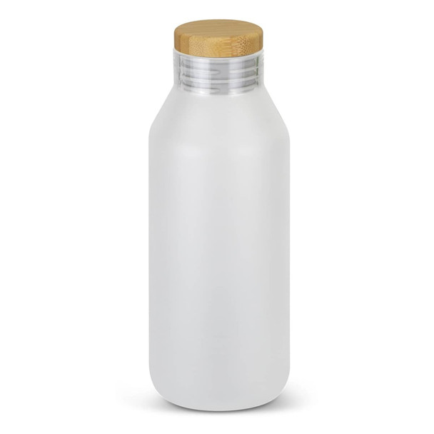 A drink bottle with a frosted white body and a wooden lid, featuring a sleek, modern design and a logo.