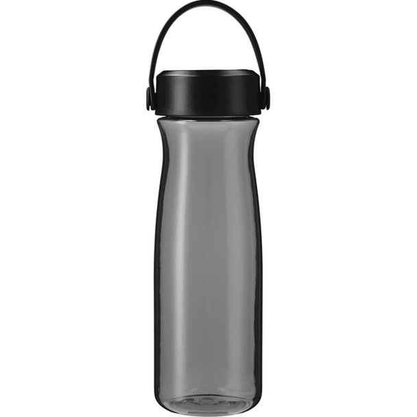 A drink bottle in a sleek black design with a transparent body and a handle, featuring a logo.