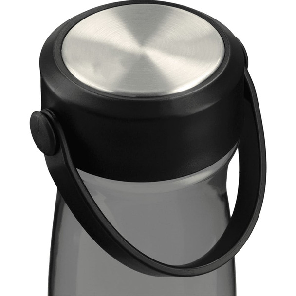 A drink bottle with a clear body, black lid, and stainless steel top, featuring a handle for easy carrying.
