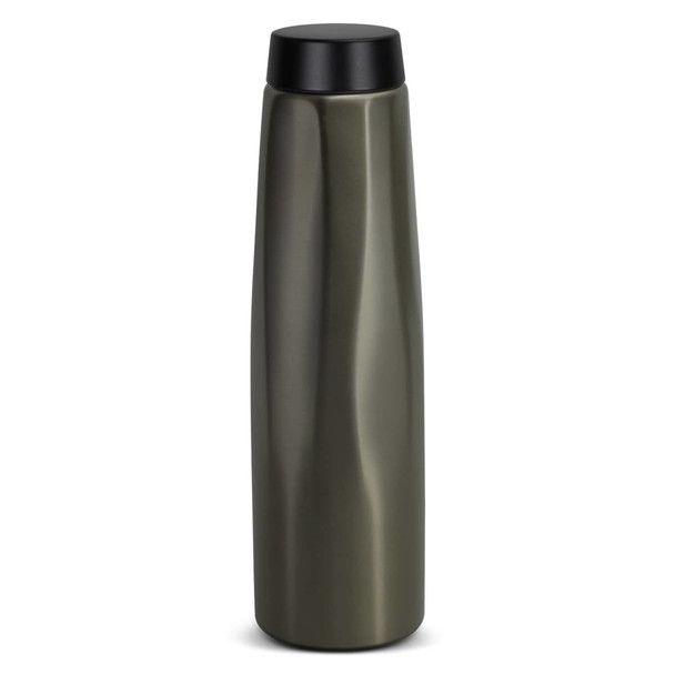 A drink bottle in a sleek, olive green finish with a black lid. Features a logo on the side.