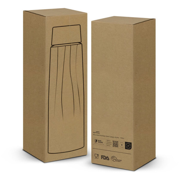 A drink bottle in a tall, slender cardboard packaging. The bottle is illustrated on the box and features a logo.