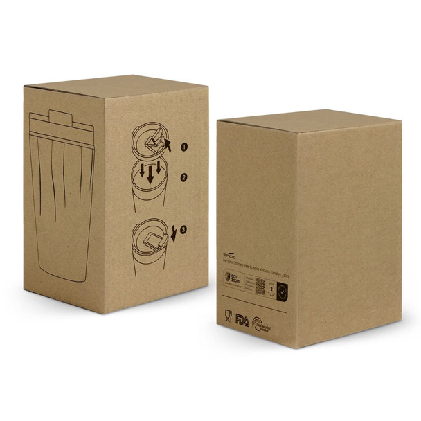 A drink bottle in a brown cardboard box with illustrations and a logo, designed for a vacuum tumbler.