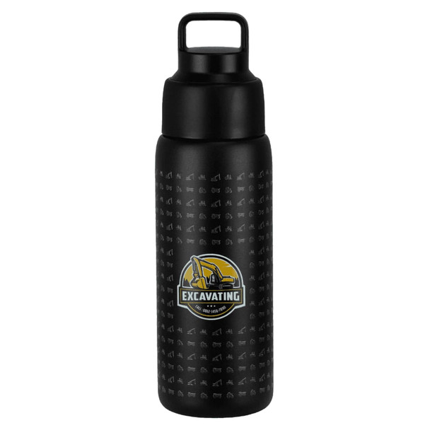 A drink bottle featuring a textured black design and a prominent logo, with a sturdy lid and handle.