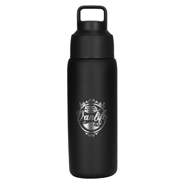 A drink bottle in matte black with a logo, featuring a screw-top lid and a sleek design.