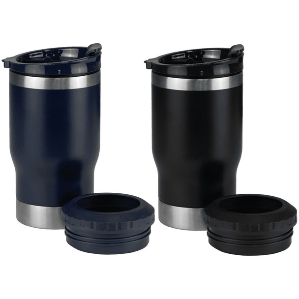 A drink bottle pair featuring a navy and black tumbler cooler with silver accents and detachable base lids.
