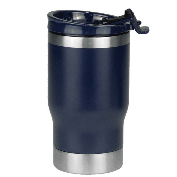 A drink bottle in navy blue with a stainless steel base and a flip-top lid. It features a logo.
