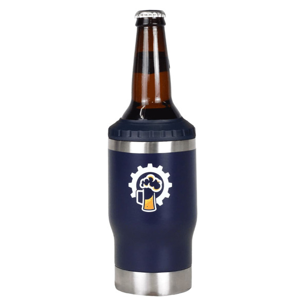 A drink bottle in navy blue with a stainless steel bottom, designed to hold a beer bottle, featuring a logo.