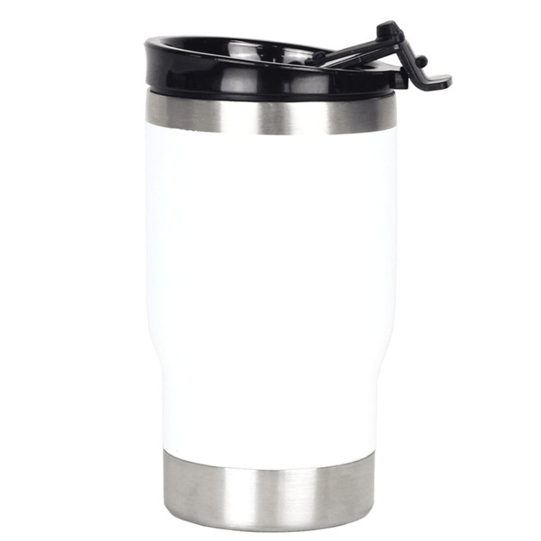 A drink bottle in white and stainless steel, featuring a black lid with a spout and a logo.