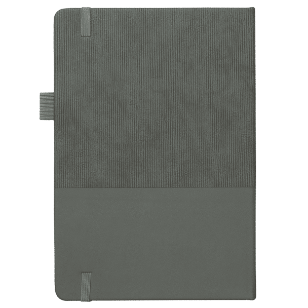 A5 notebook in grey with a textured cover and elastic closure, featuring recycled paper. It includes a logo.