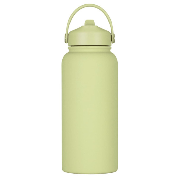 A drink bottle in a soft green colour, featuring a rubber coating and a handle, with a logo on the side.