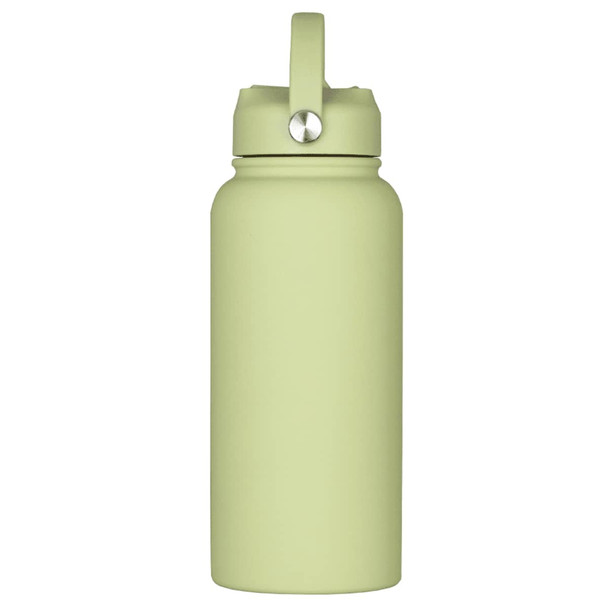 A drink bottle in soft green, featuring a rubber coating and a handle on the lid. It has a logo on the body.