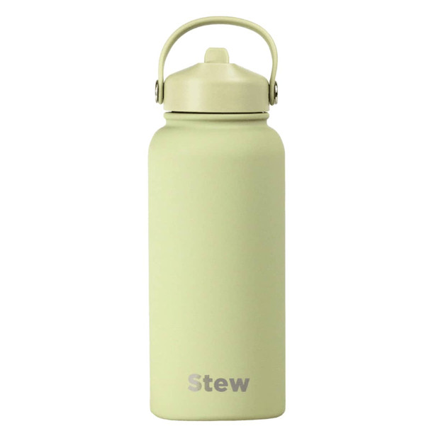 A drink bottle in a muted green colour with a rubber coating and a carrying handle, featuring a logo.