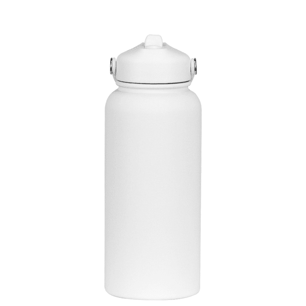 A drink bottle in white, featuring a rubber coating and a screw-on lid, with a logo visible.