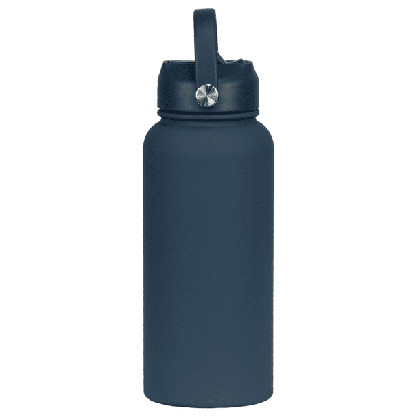 A drink bottle in navy blue with a rubber-coated finish and a metal handle. Features a branded logo.