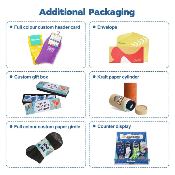 A variety of packaging options for socks, including a custom gift box, kraft paper cylinder, and a full colour header card.