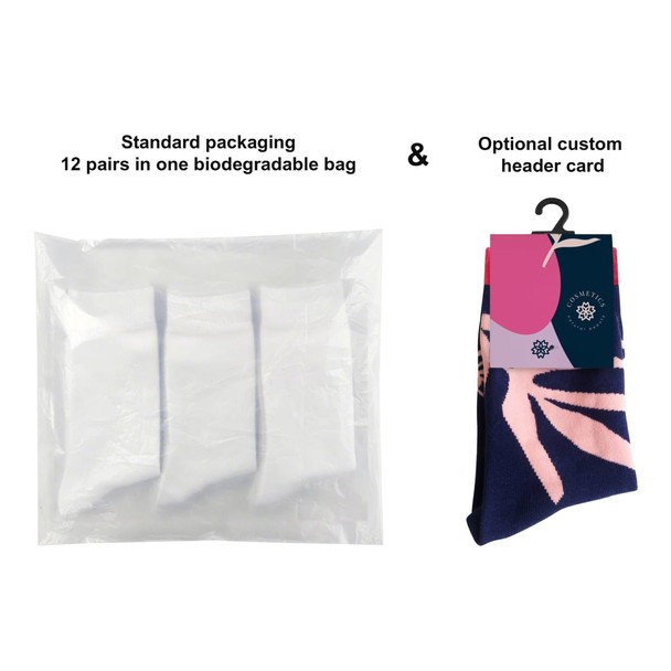 A pack of socks in a biodegradable bag, featuring vibrant patterns in pink and navy. One sock has a logo.