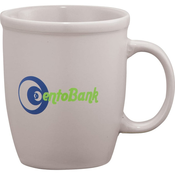 A ceramic coffee mug in white with a blue and green logo, featuring a rounded shape and handle, 350ml capacity.