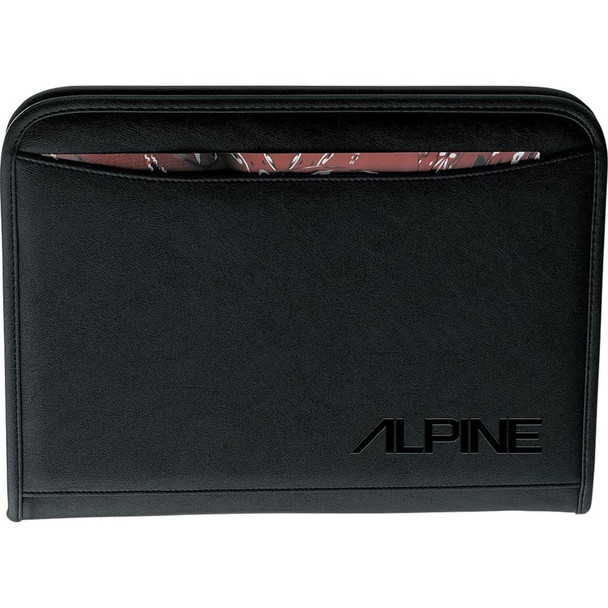 A black portfolio with a textured finish, featuring a logo and a patterned interior pocket.