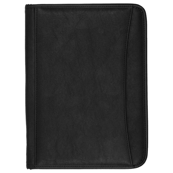 A black portfolio with a textured surface, featuring a curved edge and a logo on the front.