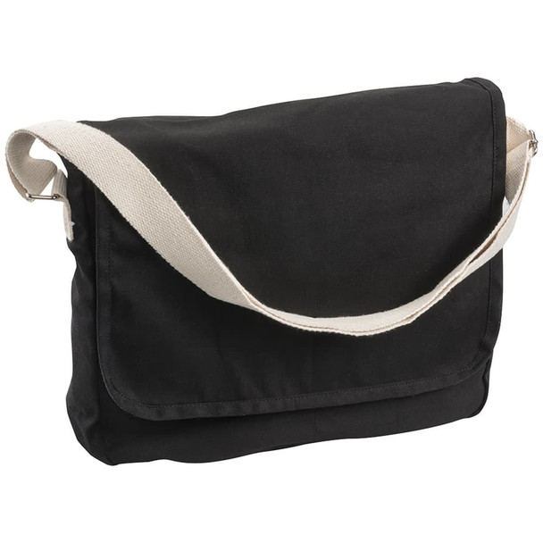A black canvas shoulder bag with a cream strap, featuring a flap closure and a simple design.