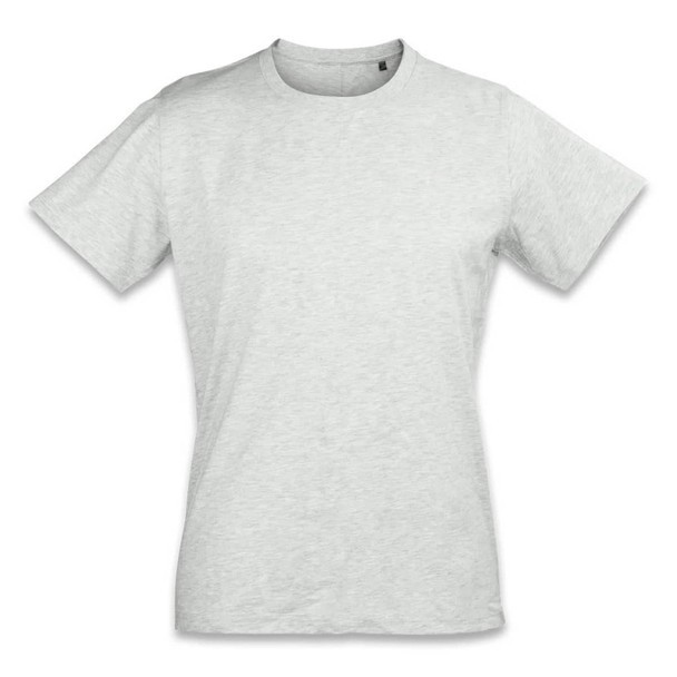 A light grey women's T-shirt with short sleeves, featuring a round neckline and a logo. A light grey women's T-shirt with short sleeves, featuring a round neckline and a logo.