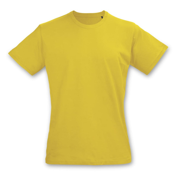 A bright yellow women's T-shirt with short sleeves, featuring a logo on the front. A bright yellow women's T-shirt with short sleeves, featuring a logo on the front.
