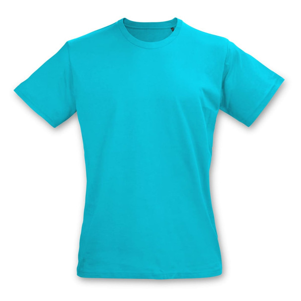 A turquoise women's t-shirt with short sleeves and a round neckline, featuring a logo. A turquoise women's t-shirt with short sleeves and a round neckline, featuring a logo.