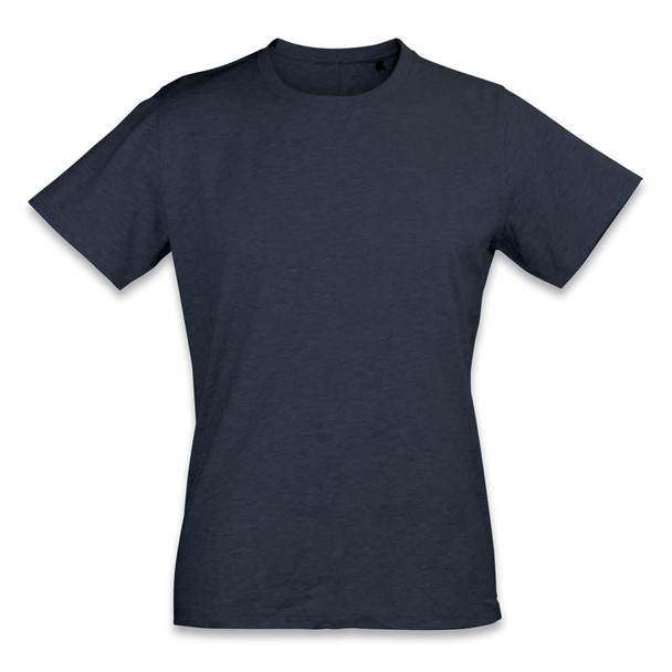 A plain dark grey women's t-shirt with short sleeves and a round neckline, featuring a logo. A plain dark grey women's t-shirt with short sleeves and a round neckline, featuring a logo.