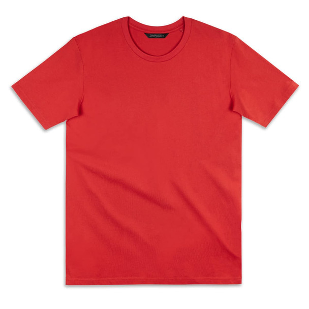 A red T-shirt featuring a round neckline and short sleeves, with a logo on the tag.