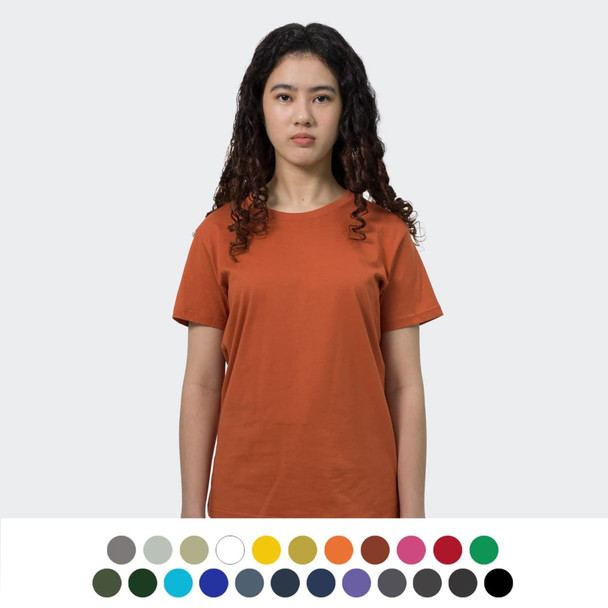 An orange women's t-shirt displayed on a model, with a variety of colour options beneath. The shirt has a logo on it.