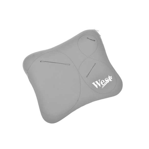 A grey laptop bag with multiple compartments and a logo, featuring a sleek and streamlined design.