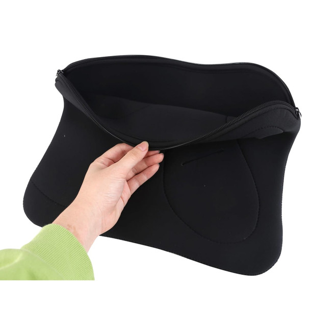 A black Multi Pouch Laptop Bag with a zippered opening, featuring a hand reaching inside.