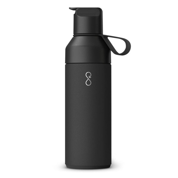 A drink bottle in matte black with a spout lid and a logo, featuring a sleek, modern design.