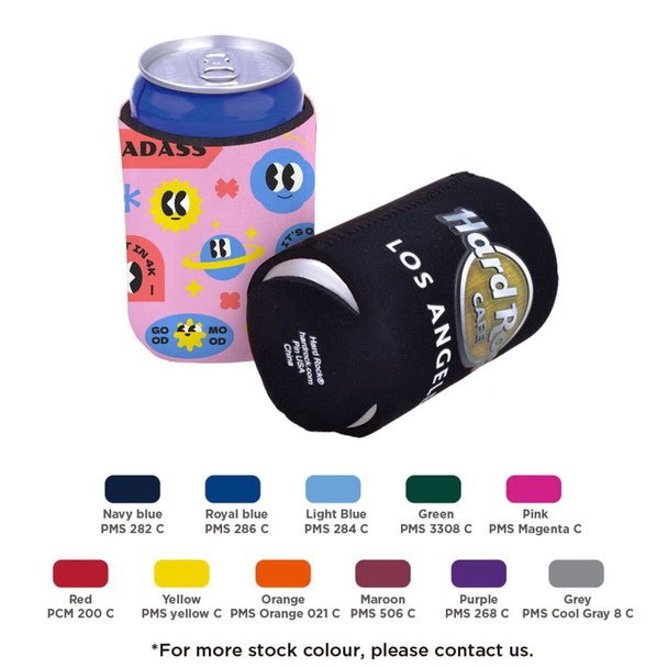 A drink bottle holder in pink with various colourful designs, and a black holder with a logo.