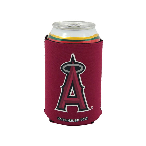 A drink can is nestled in a maroon foldable stubby holder featuring a logo.