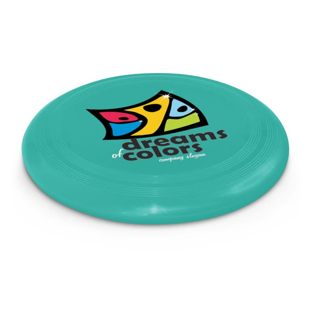 A large teal frisbee with a colorful logo featuring the text "dreams of colors" and the tagline "company slogan."
