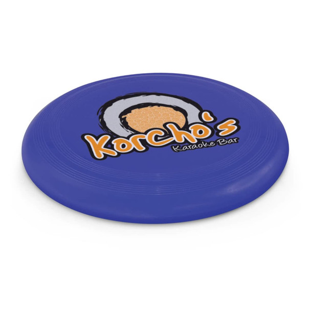 A large blue flying disc featuring the logo of "Korcho's Karaoke Bar" in orange and black lettering.