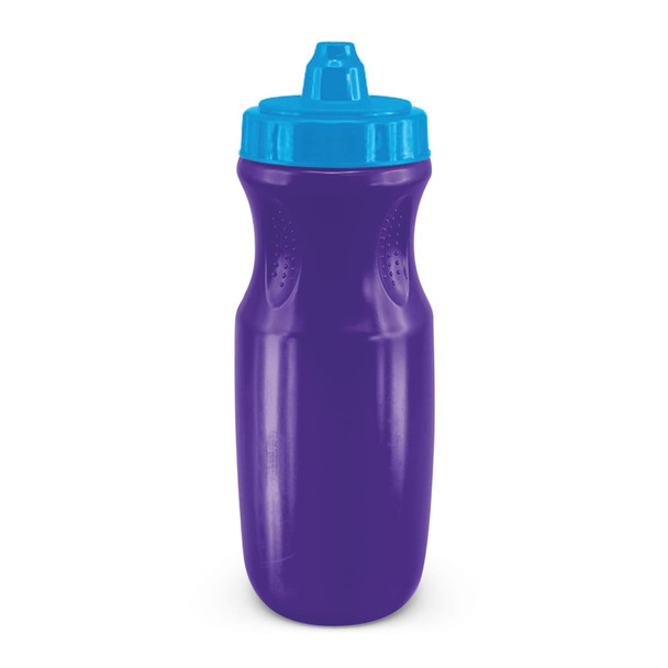 A drink bottle in vibrant purple with a blue lid, featuring a textured grip and a logo on the body.