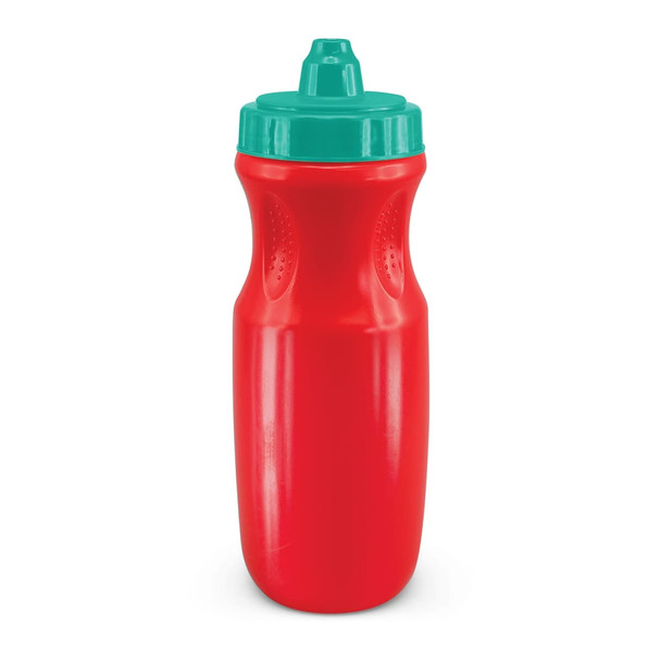 A drink bottle in bright red with a teal lid, featuring a textured grip and a logo.