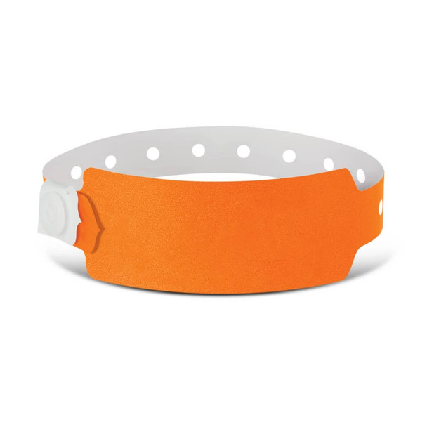 An orange plastic event wristband with a white dotted strap and a clasp, featuring a smooth surface and a logo.