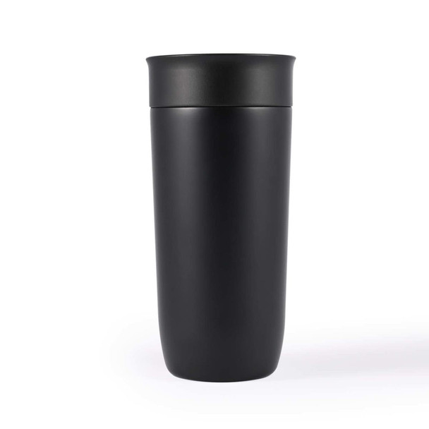 A stainless steel coffee cup with a sleek black finish and a matching lid, designed for reusable drinkware.