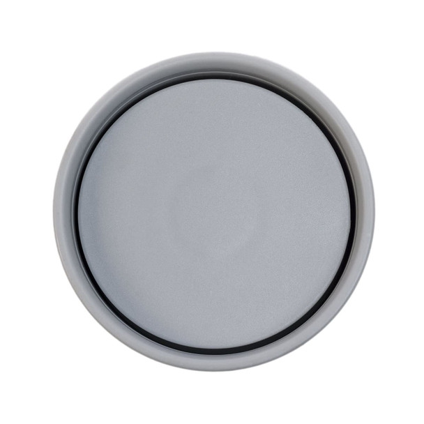 A stainless steel coffee cup in a silver color, featuring a smooth, round top with a rim. It has a logo on the side.