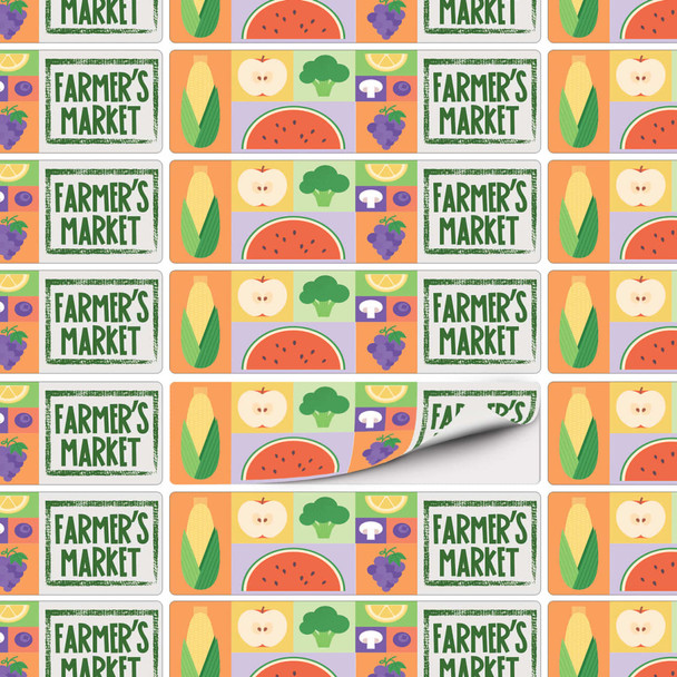 A patterned sheet of stickers featuring various fruits and vegetables in vibrant colours with a logo.